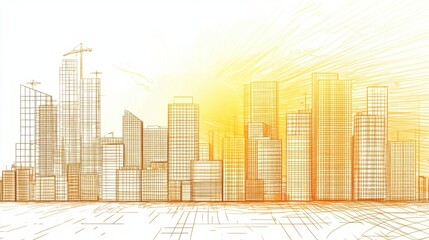 Sunrise Over Sketched City Skyline. (2)