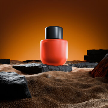 Realistic Red Perfume Bottle placed on black rock in sand 3d Render