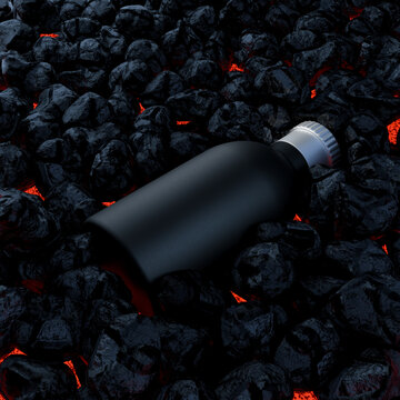 Realistic  Black Aluminium water Bottle Placed on Black Charcoal and lava 3d render