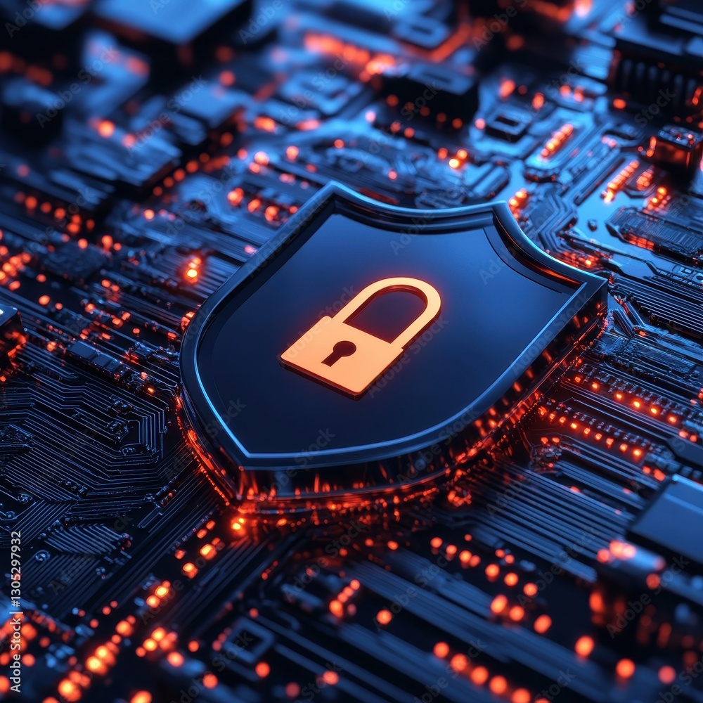 Poster digital security shield with padlock symbol on circuit board, representing cybersecurity and data pr