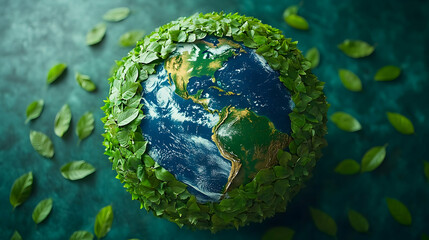 Fototapeta premium Earth encircled by leaves on teal background