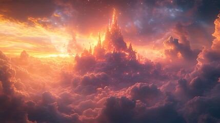 Naklejka premium Clouds floating around fantasy castle sunset high resolution hd picture