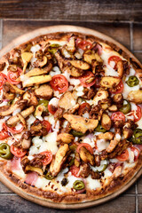 Gyros Pizza with jalapeno pepper and mozzarella cheese. Soft focus. Top view. Close up.