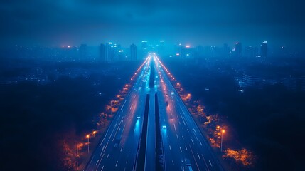 Obraz premium Highway Traffic at Night, City Skyline View