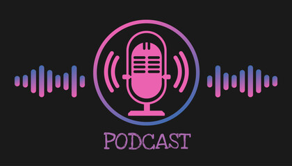 Podcast on air pink poster isolated on dark background. podcast publication or cover, radio logo icon. Radio and voice. Vector illustrations