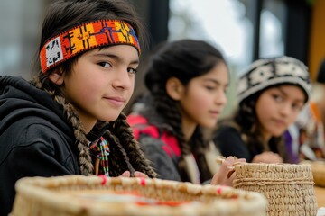 young native american children engaged in traditional craft activity. focus on child wearing colorful headband and braided hair, weaving basket. cultural heritage, learning cultural traditions