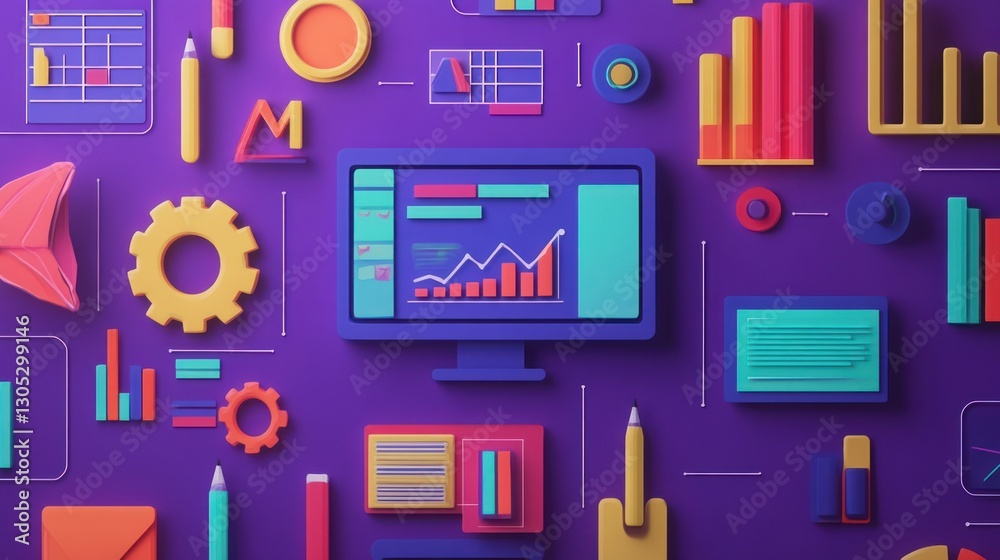 Poster flat lay design of computer with business charts and graphs. possible use stock photo for business p