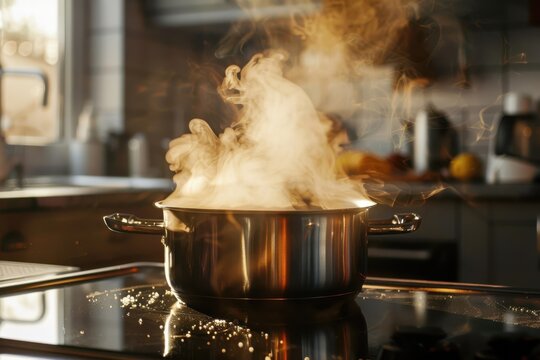 Elevating home cooking with vibrant steam rising from a pot in a cozy kitchen setting