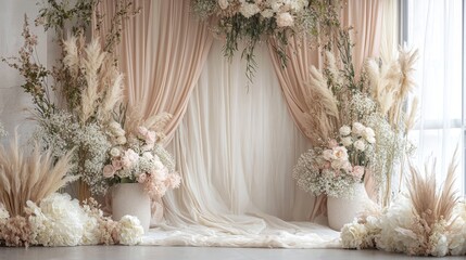 Elegant Wedding Backdrop with Pampas Grass and Pastel Flowers