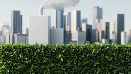 Blurred futuristic cityscape with a polluted industrial zone behind vibrant green bushes, symbolizing the battle between urbanization and ecology