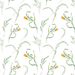 Obraz premium Field herbs, yellow wildflowers watercolor seamless pattern isolated background. Hand drawn summer meadow meadow yellow orange flower, grass with spikelet. Floral ornate for kitchen textile