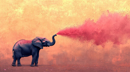 A minimalistic surreal illustration of an elephant silhouette spraying vivid Holi pigments from its trunk against a gentle pastel backdrop