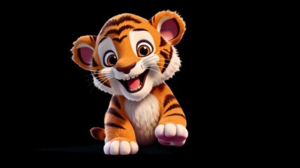 Adorable cartoon tiger cub smiling animation isolated asset, transparent 4K video, alpha channel, ProRes 4444