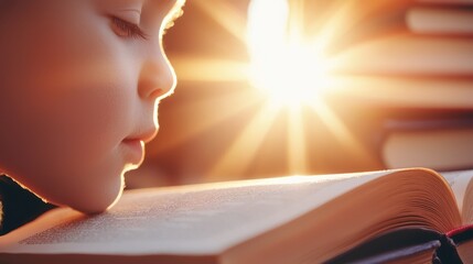 Child lost in a book, warm rays of sunlight highlighting his fascinated expression, old books stacked around, evoking a sense of learning adventure