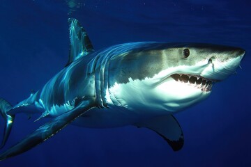 Naklejka premium Majestic great white shark swimming gracefully in deep blue ocean water during daylight hours