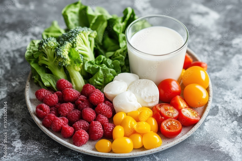 Poster fresh vegetables and fruits served on a plate with a glass of milk creating a healthy meal option