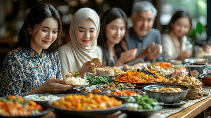 Family feasting at a large Asian restaurant