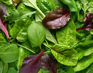salad leaves texture mixed salad leaves with spinach chard lettuce rucola as a background flat lay top view