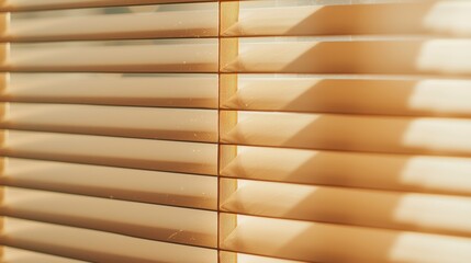 Close-up of warm sunlight filtering through window blinds, tiny dust particles dancing in the air, creating a dreamy and peaceful scene