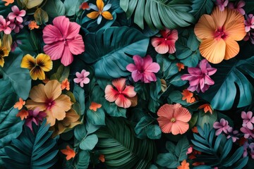Colorful tropical flowers and lush green leaves create a vibrant design in a tropical setting