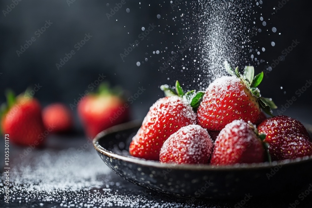 Aufkleber Strawberries placed in a bowl with powdered sugar sprinkled on top in a dark setting