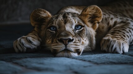 Fototapeta premium Resting Lion Cub with Blue Eyes – Majestic Wildlife Photography