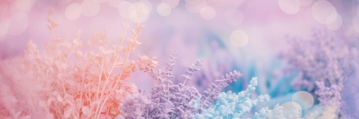 Obraz premium A banner in pastel colors with a blurred background, similar to a sideboard with space for text. The foreground consists of a delicate combination of light pink, lavender and pale blue shades.