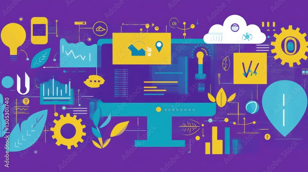 Poster abstract digital interface, computer screen with data, workflow, and environmental icons. possible s