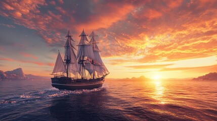 Obraz premium A large ship sails through the ocean at sunset