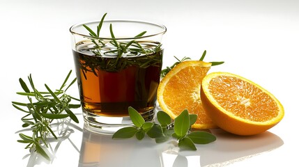 A glass of liquid with a sprig of rosemary and an orange slice on the side