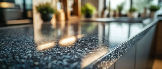 A smooth, modern countertop gleams in soft light, embodying sophistication with lush plants subtly enhancing the contemporary kitchen flair.