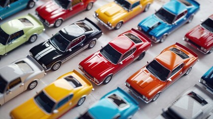 close-up of colorful toy model cars arranged neatly on a table, showcasing a variety of miniature vehicles in vibrant hues