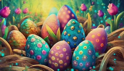 Fototapeta premium oil painting style cartoon character illustration multicolored Easter eggs on a wooden straw background