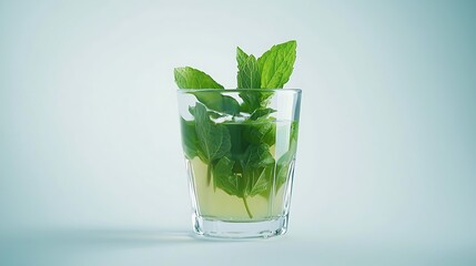 A glass of mint tea with a sprig of mint in it