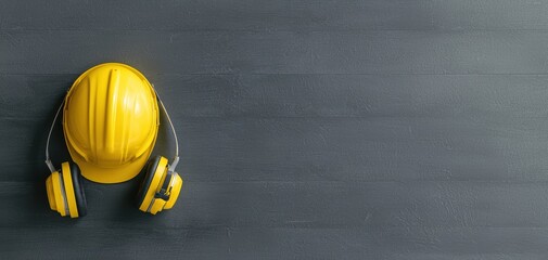 Close-up of a safety reminder board with a construction helmet and earmuffs, highlighting occupational safety in industrial environments