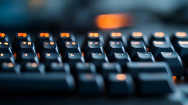 Close-up of a backlit mechanical keyboard showcasing illuminated keys in a dimly lit environment