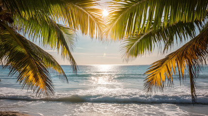 Fototapeta premium Tropical beach with palm leaves and great copy space for Summer.