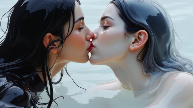 two girls kissing in the water