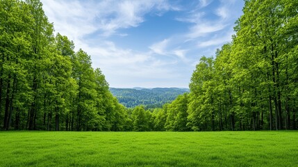 Obraz premium Carbon Forest Preservation Concept, Expansive Green Forest Area Under Blue Sky for Conservation and Carbon Offsetting Initiatives