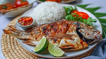 Delicious fried fish served with rice on a simple white plate against a clean white background