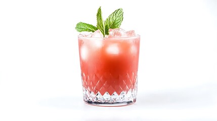 A glass of pink drink with a green leaf on top