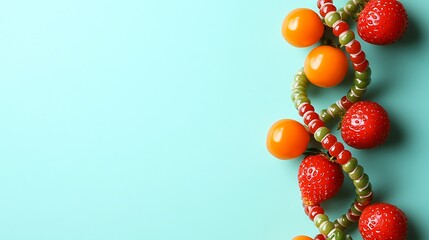 Fruit and seed DNA helix on blue. Science concept, genetic research. Use nutrition info, genetics, food science