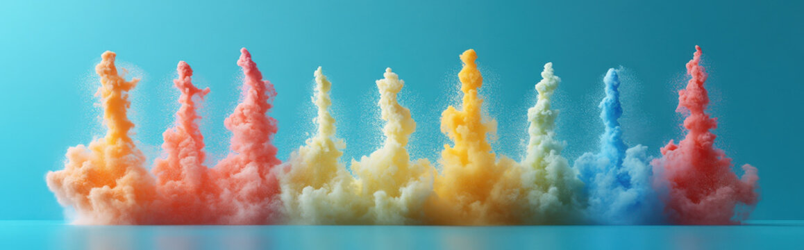 A minimalistic surreal illustration of levitating Holi water guns (pichkaris), each spraying color clouds in a circular formation