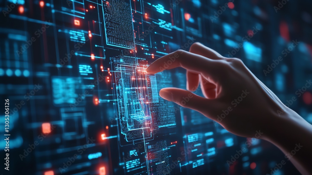 Poster Human AI touch digital data on visual screen. Document management concept.