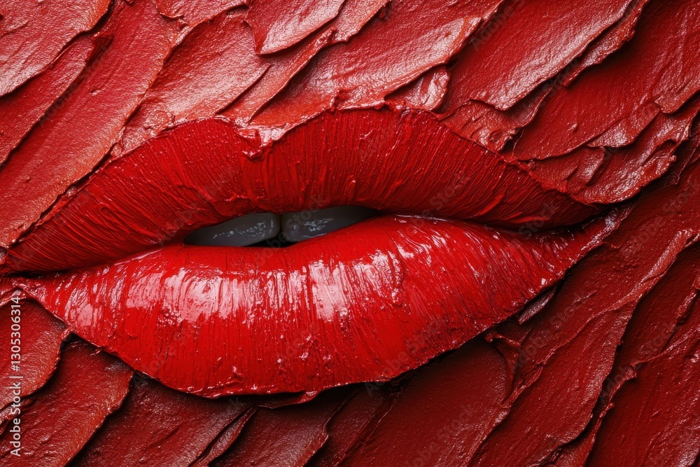 Aufkleber Bold red lips create a striking visual against a textured background in an artistic display of color and form