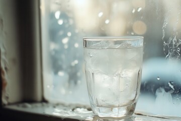 Transparent glass filled with ice sits on a windowsill with condensation and a soft, blurred outdoor background during warm sunlight