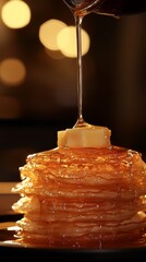 Deliciously stacked pancakes topped with melting butter and drizzled with syrup. A tempting visual treat perfect for breakfast lovers. Indulge in this delightful moment. Generative AI.