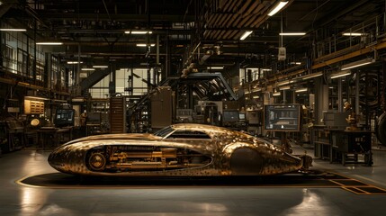 Naklejka premium Retrofuturistic golden car displayed in assembly factory. Generative ai illustrations