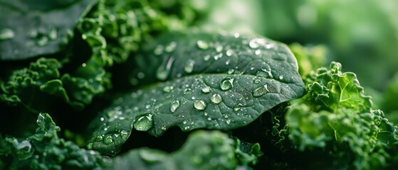 Early morning light catches droplets on leafy greens, capturing nature’s intricate beauty and fresh vitality of organic produce.