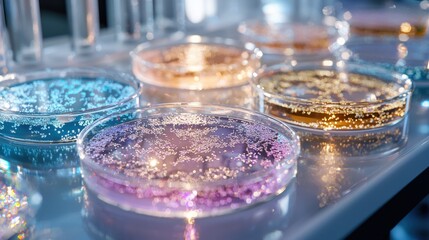 A group of glass beakers with different colored liquids in them